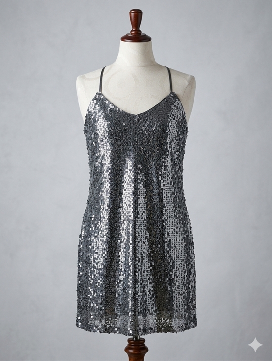 Express Dresses & Skirts - Express Silver Sequin Slip Dress - Spaghetti Strap Party Dress, Size Small